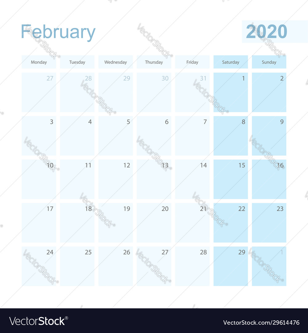 2020 february wall planner in blue pastel color