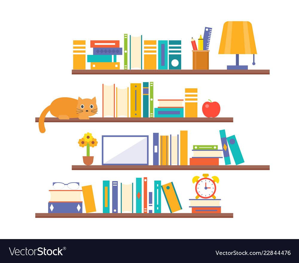 Book shelf background with elements such as lamp Vector Image