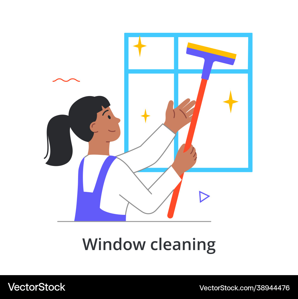 Smiling cleaning staff member is wiping window Vector Image