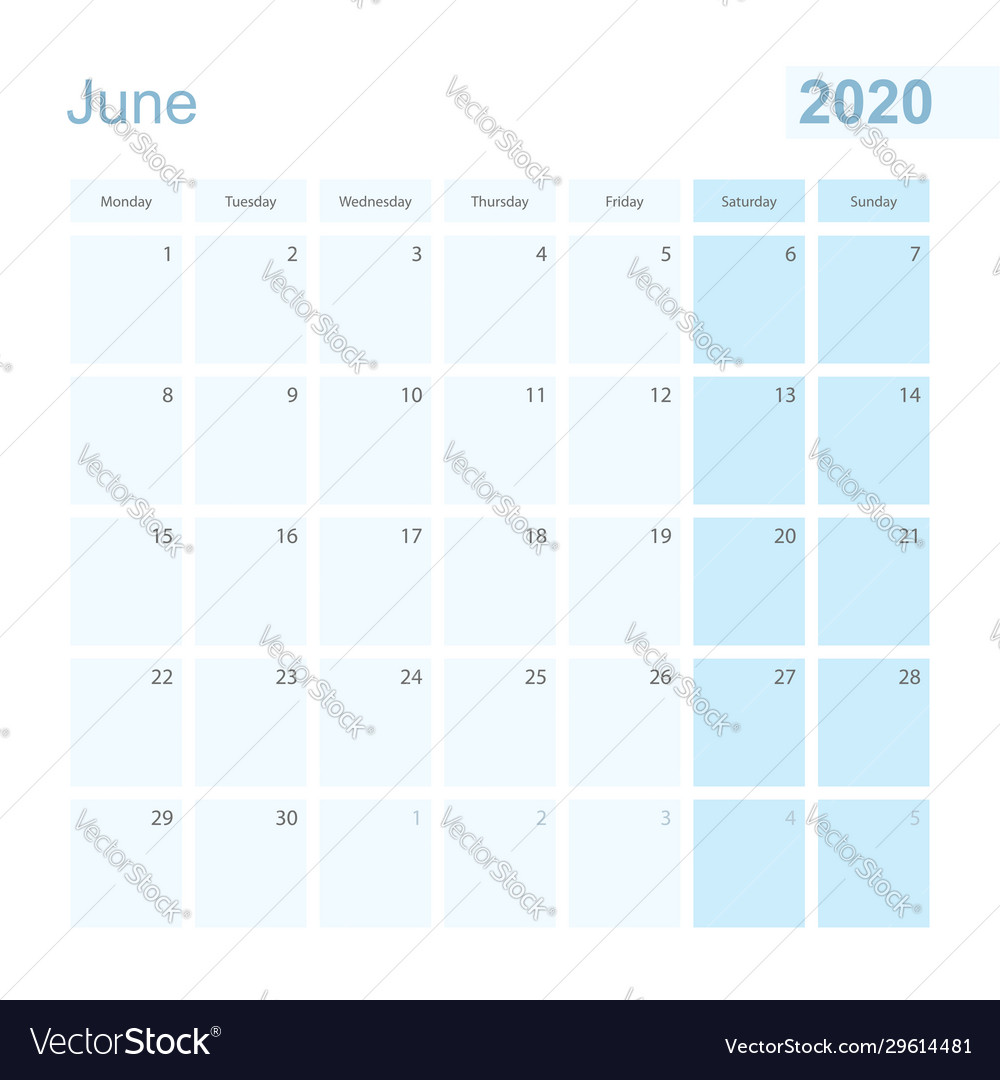 2020 June Wandplaner in blauer Pastellfarbe Woche