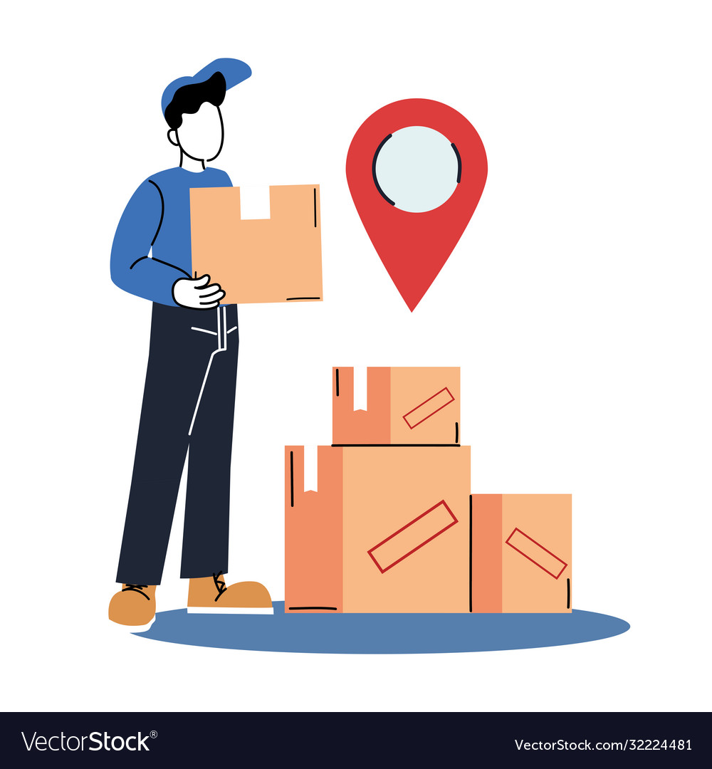 Delivery man with boxes and gps mark design