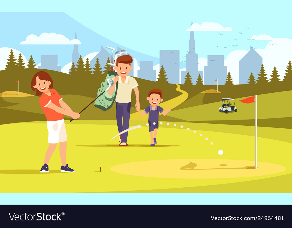 Mother father and son at golf field leisure time Vector Image