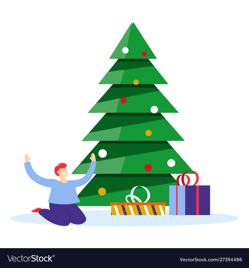 Boy in pyjamas finding wrapped presents under Vector Image