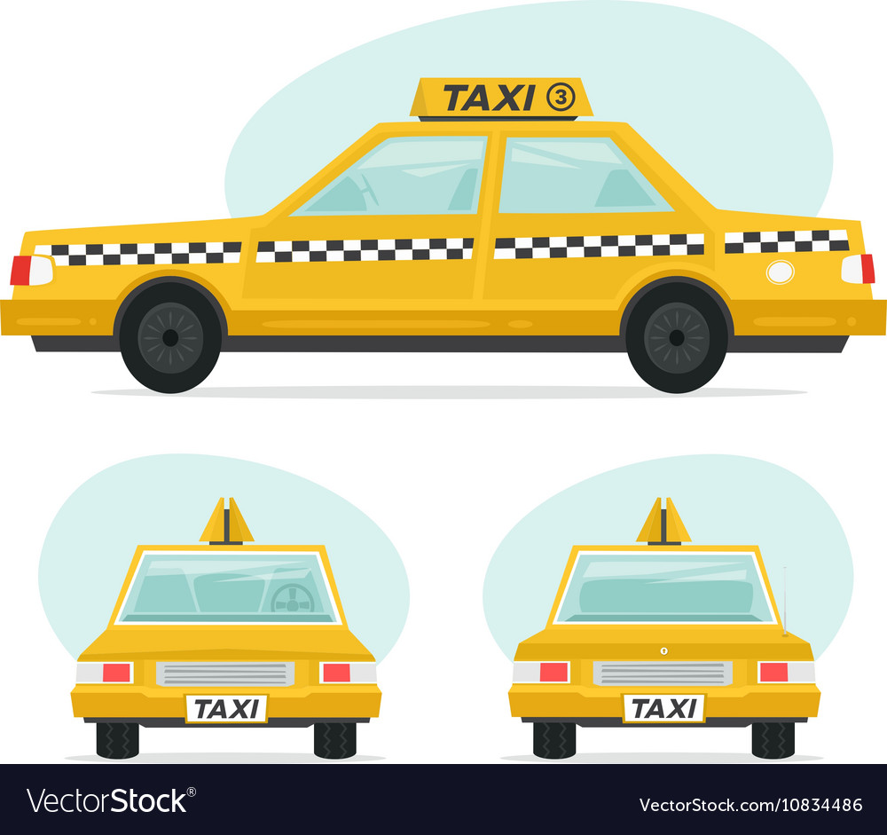 Set of cartoon yellow taxi car isolated objects