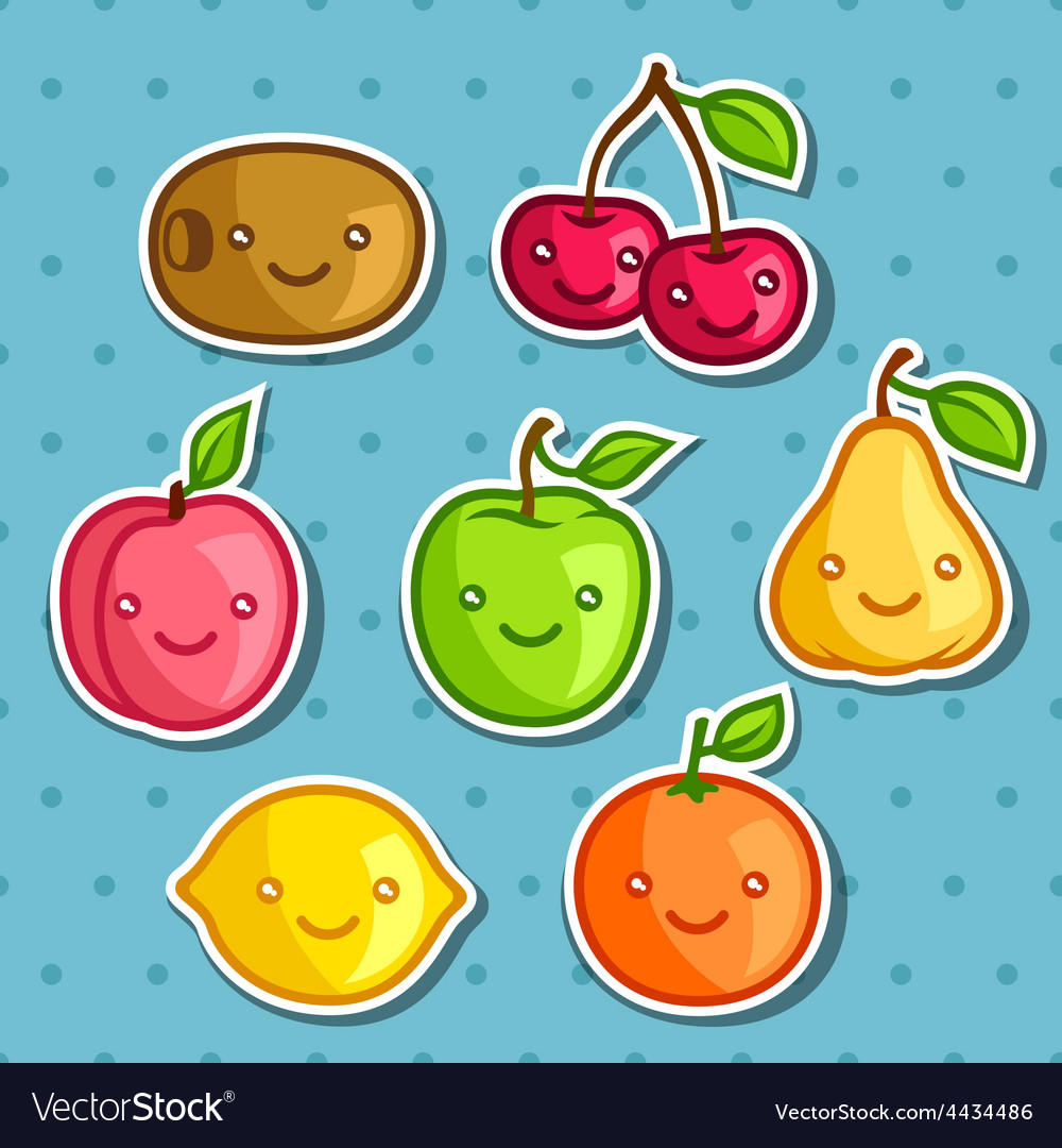 Set of cute kawaii smiling fruits stickers Vector Image