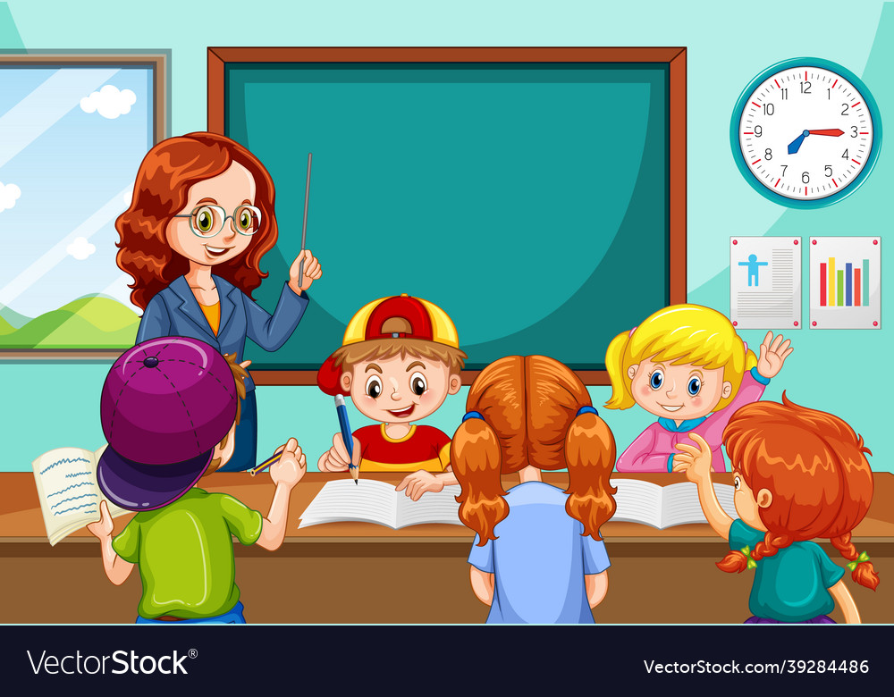 Teacher teaching students in the classroom scene Vector Image