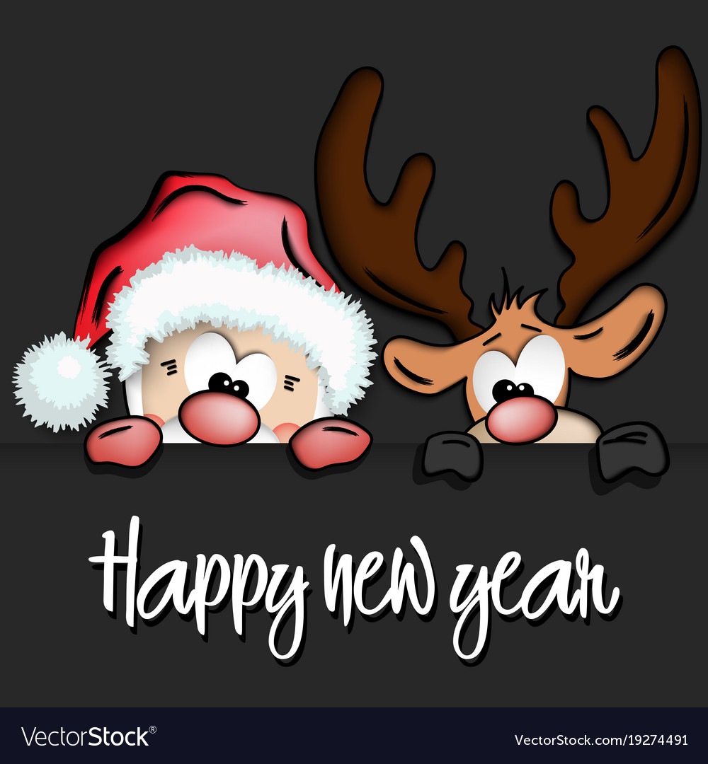 Happy new year and funny santa claus reindeer