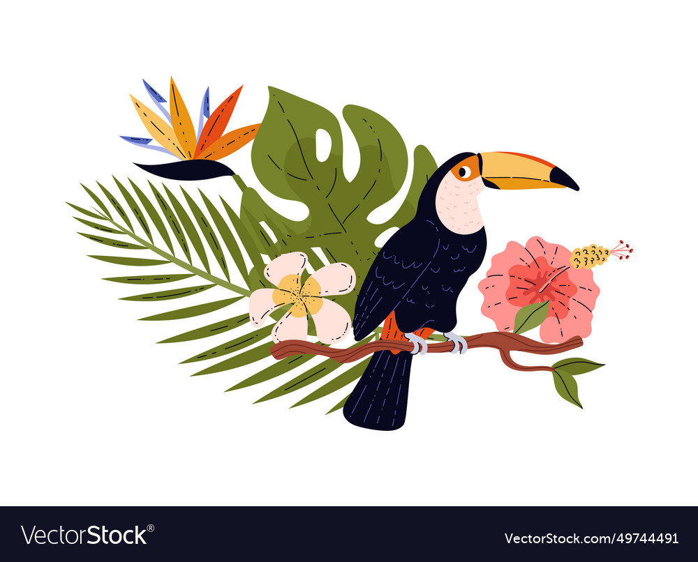 Toucan tropical bird on a green branch cartoon