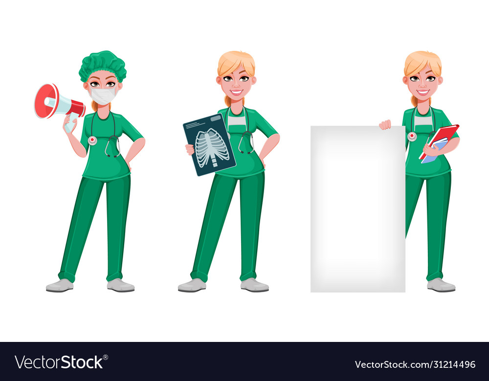 Beautiful woman doctor set three poses Royalty Free Vector