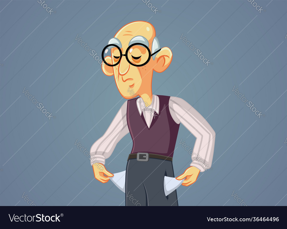Broke senior man holding empty pockets Royalty Free Vector