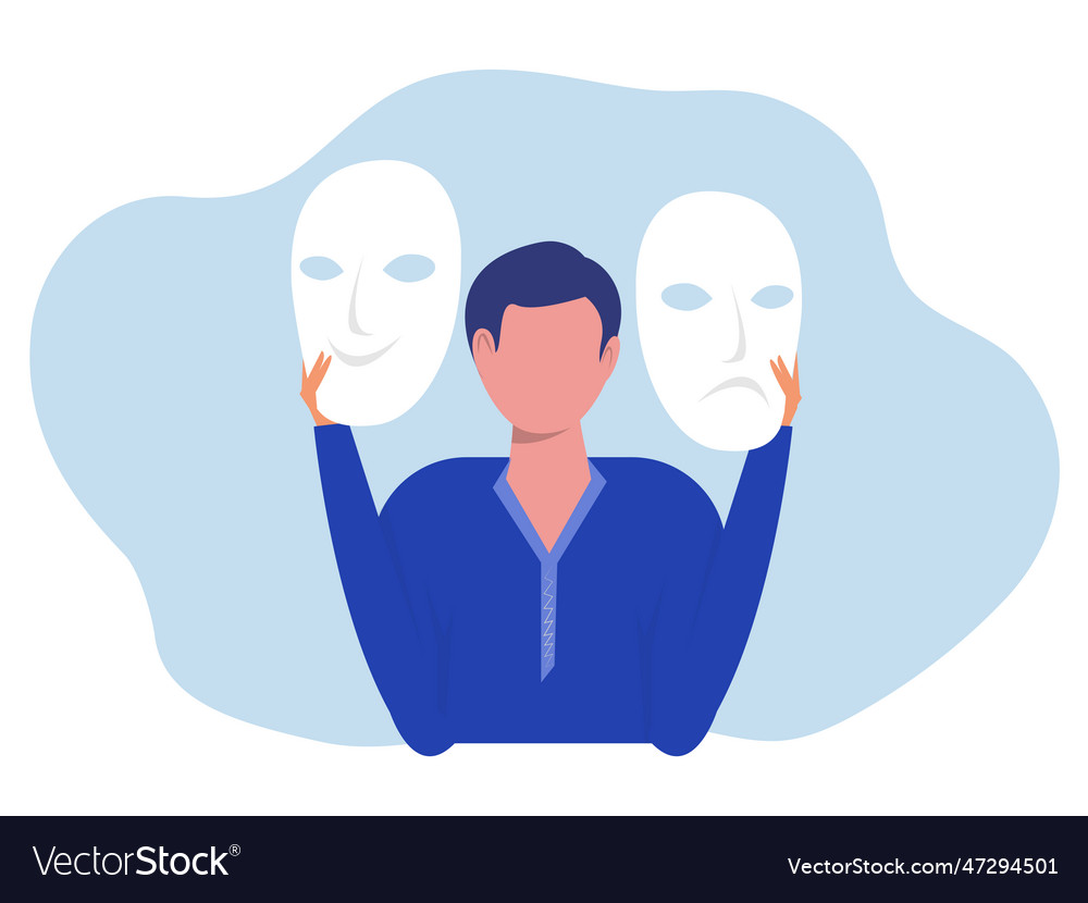 Imposter syndrome man holding on carnival masks Vector Image