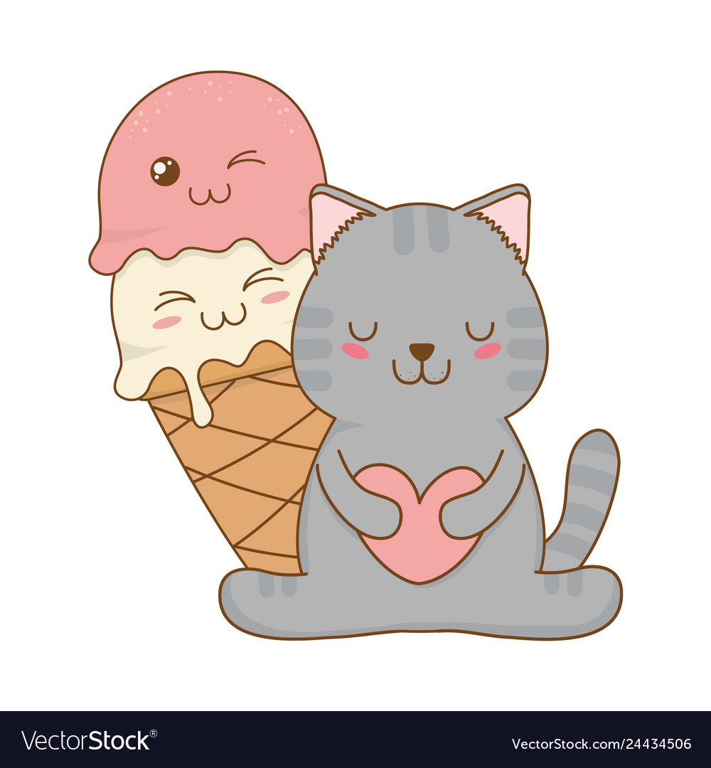 Cute little cat with ice cream kawaii character