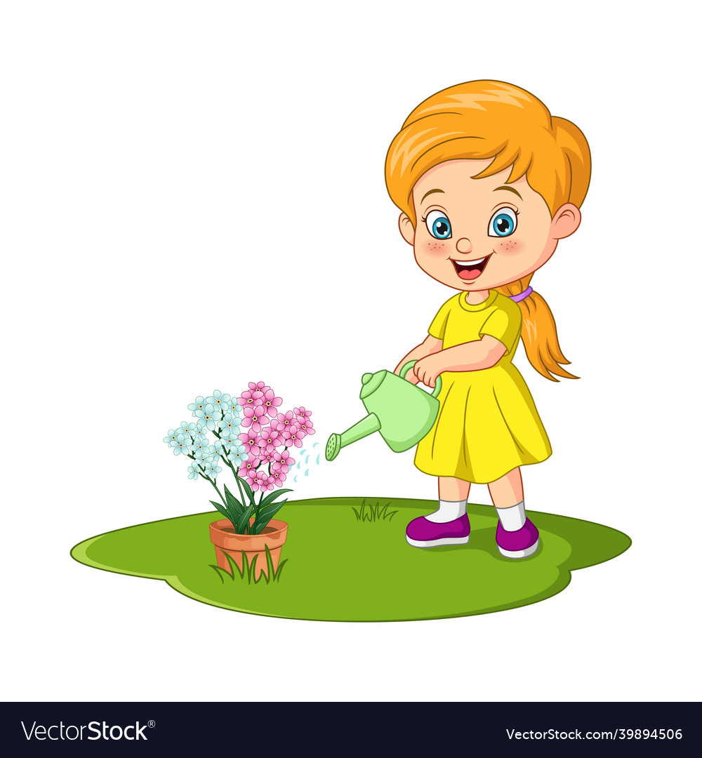 Cute little girl watering flowers Royalty Free Vector Image