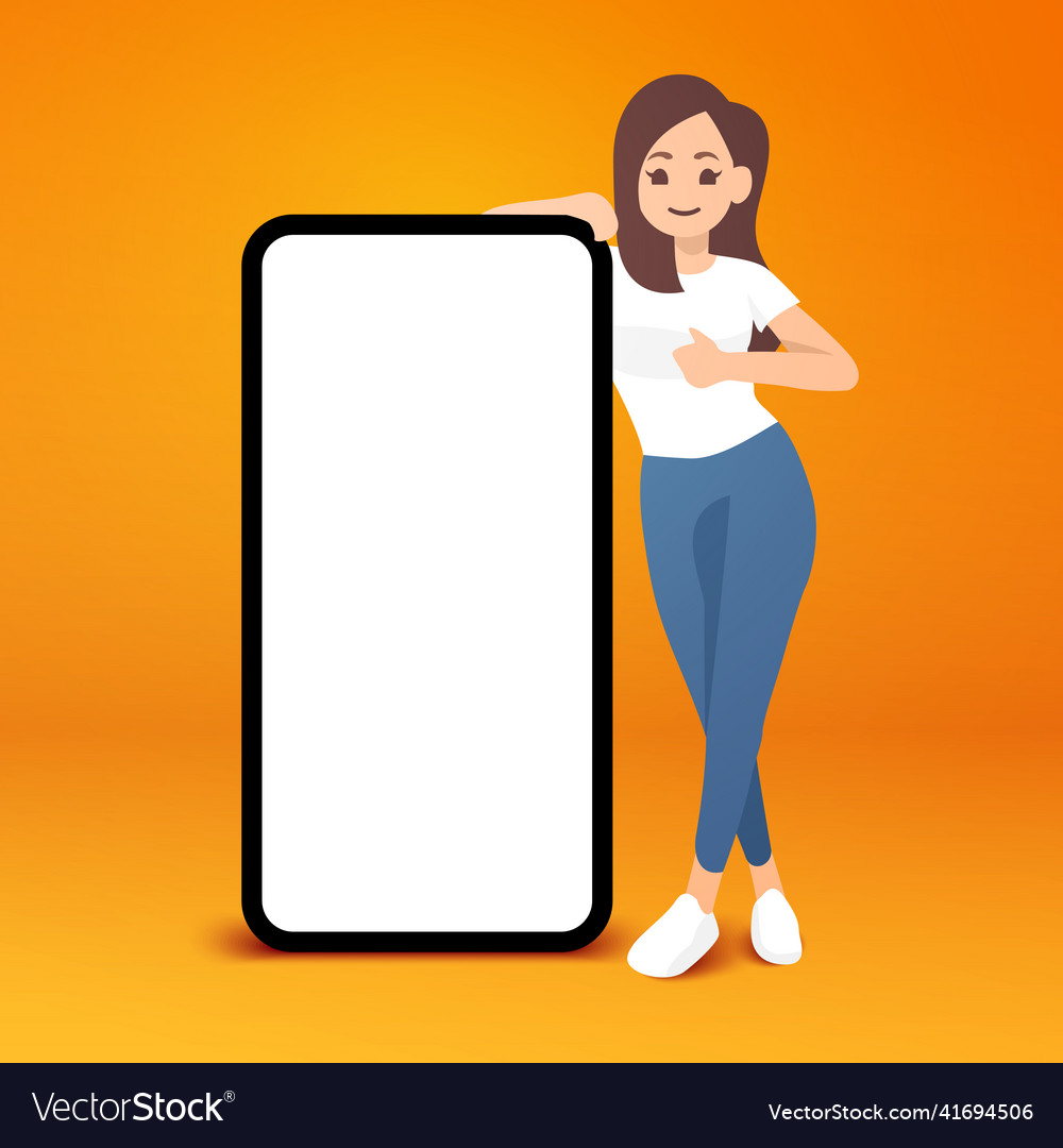 Young women stand beside blank mock up smartphone Vector Image