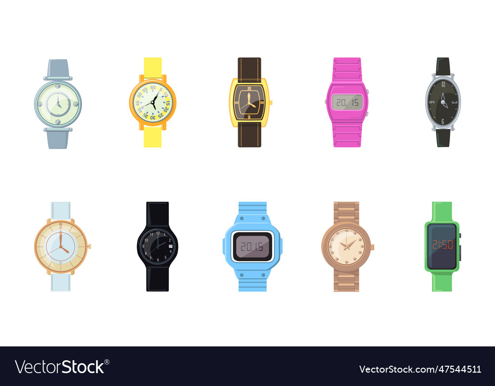 Cartoon wristwatch flat icon kit Royalty Free Vector Image