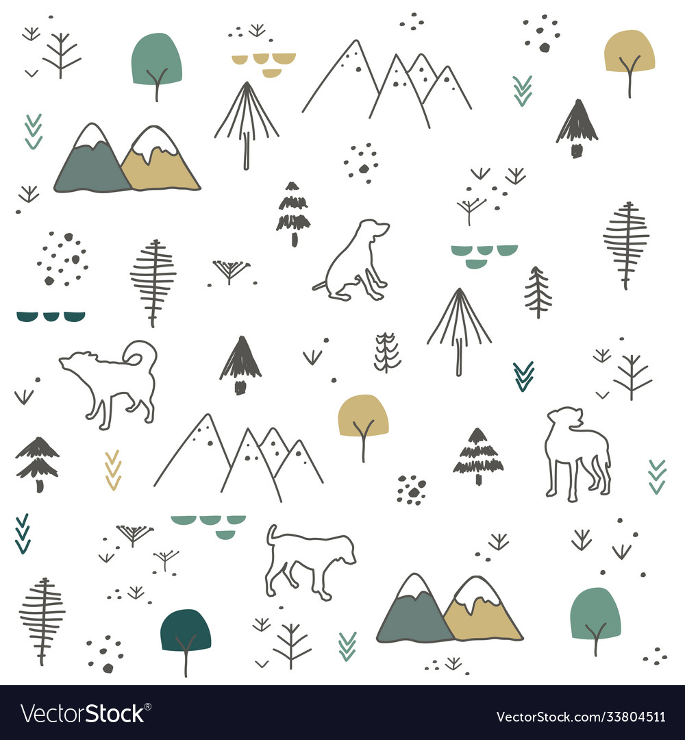 Hand gezeichneter Berg und Hunde Muster vector image Hand gezeichneter Berg und Hunde Muster