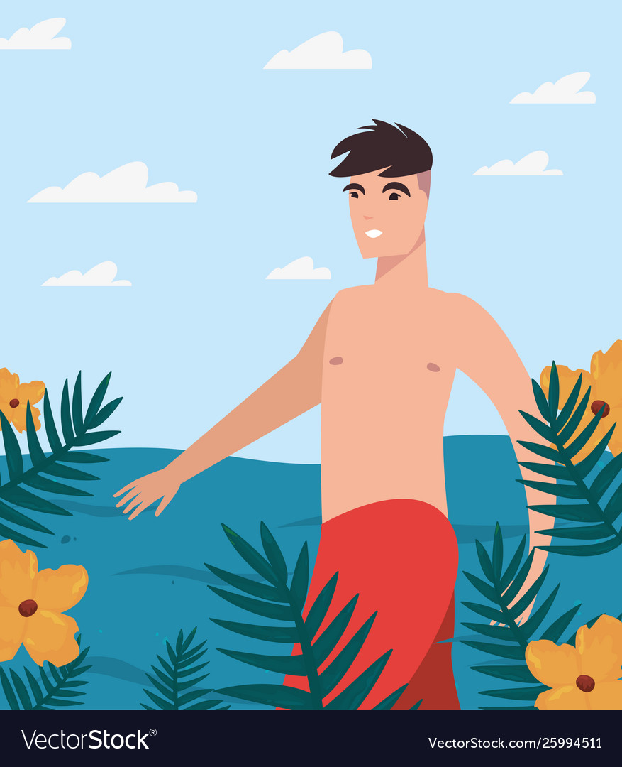 Tourist man in swimsuit tropic leaves flowers