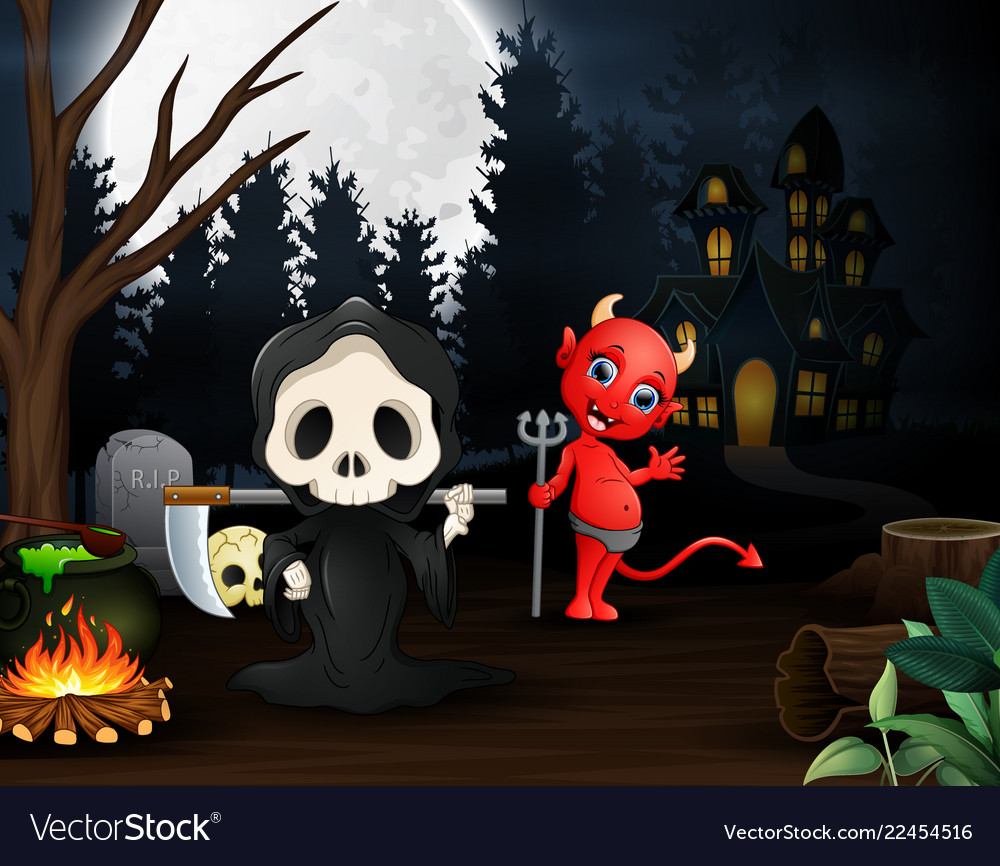 Cartoon of grim reaper and red devil outdoors in t