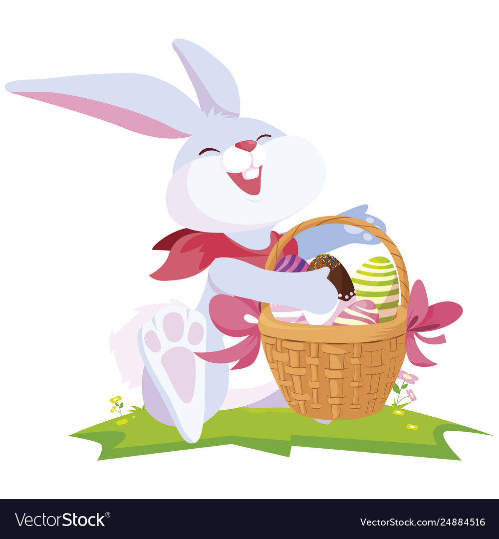 Cute rabbit easter with eggs painted in basket