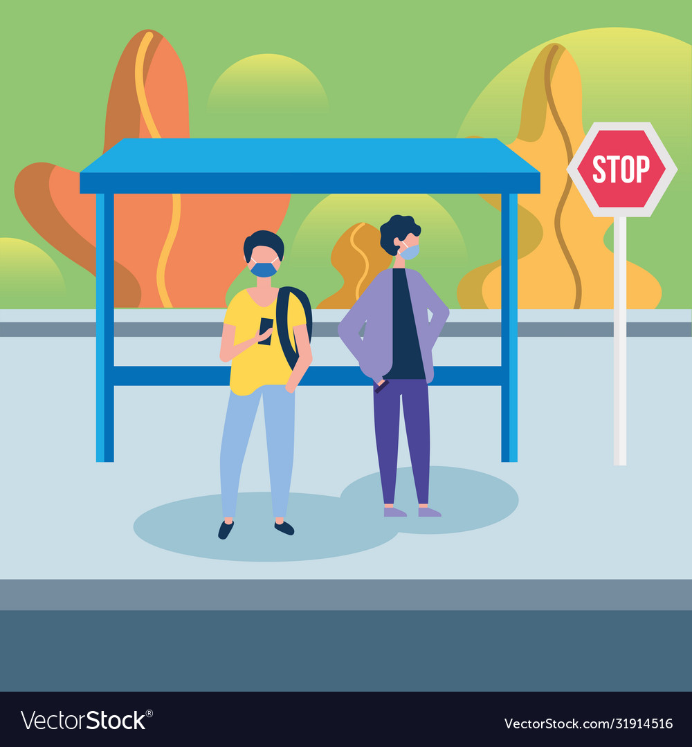 Men with masks at bus stop design Royalty Free Vector Image