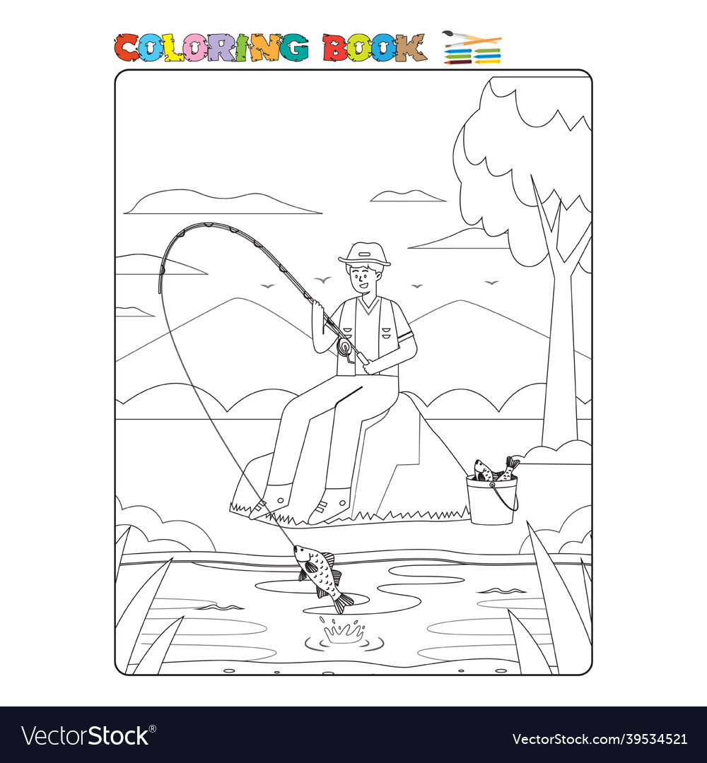 Fisherman coloring page for children Royalty Free Vector