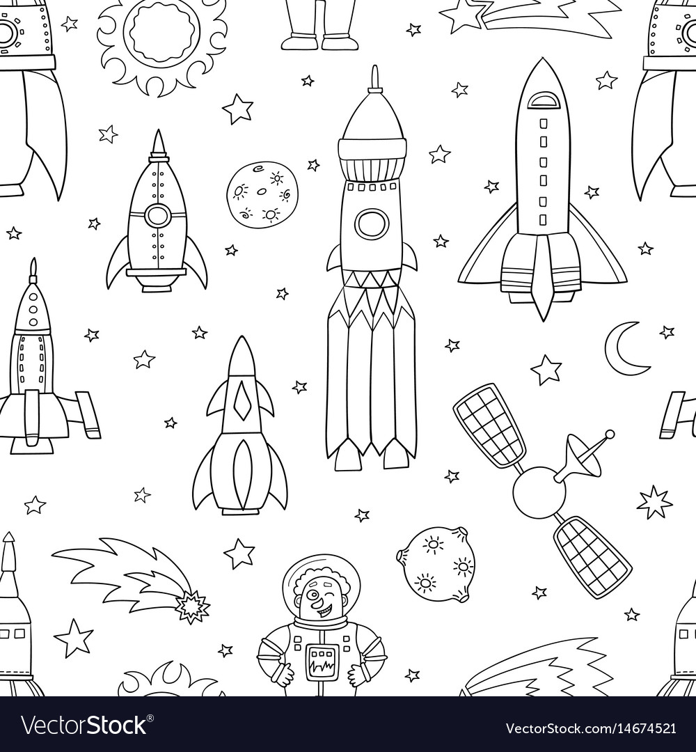 Seamless pattern with space objects ufo rockets