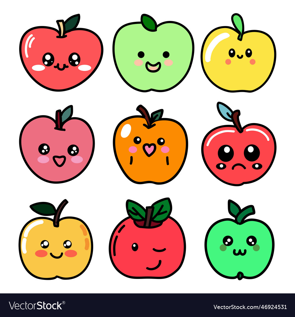 Cute kawaii apple set funny fruits icons Vector Image