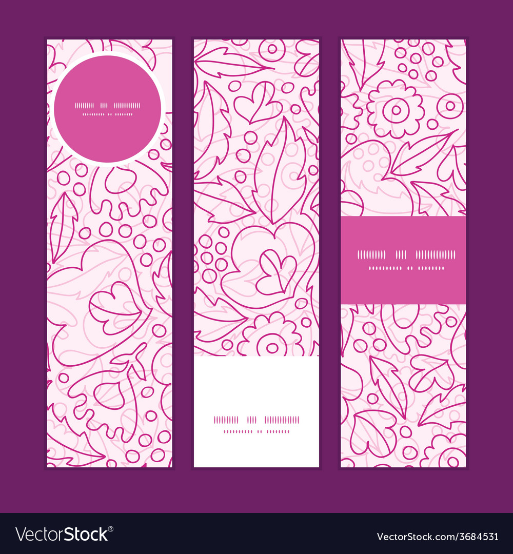 Pink flowers lineart vertical banners set pattern