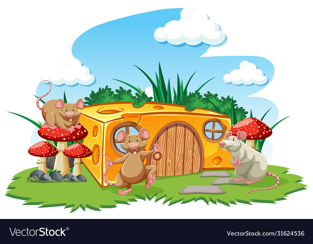 Mouses with cheese house in garden cartoon Vector Image