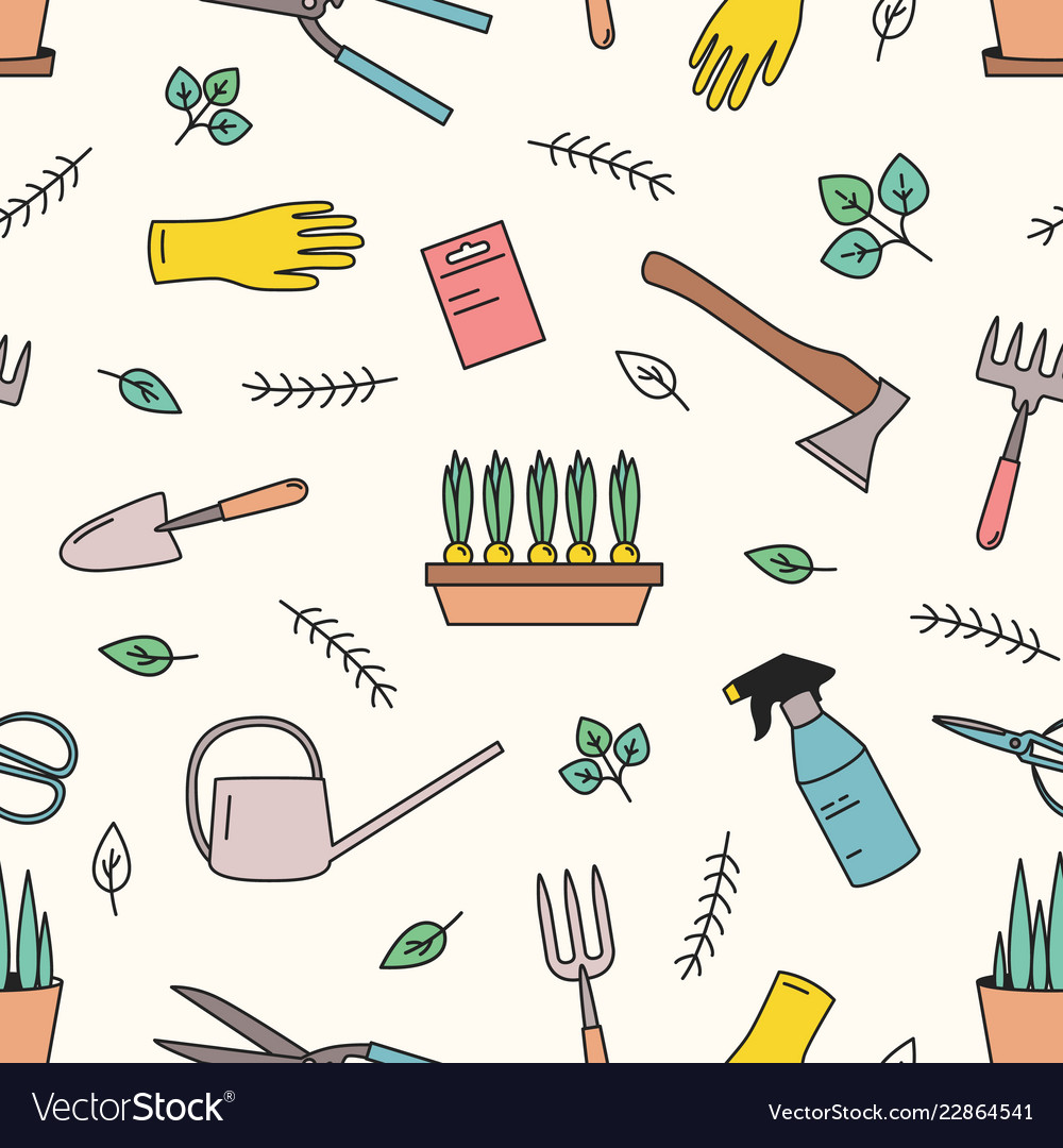 Colorful seamless pattern with gardening tools