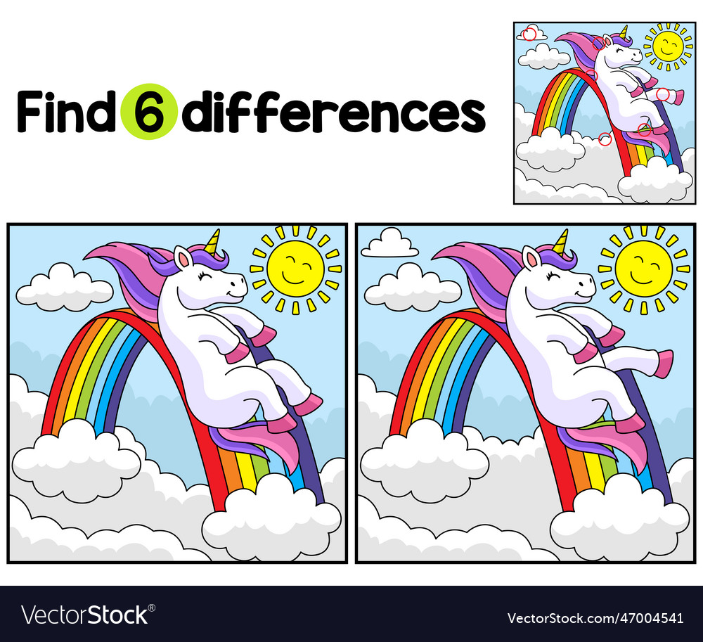 Unicorn sliding on rainbow find the differences