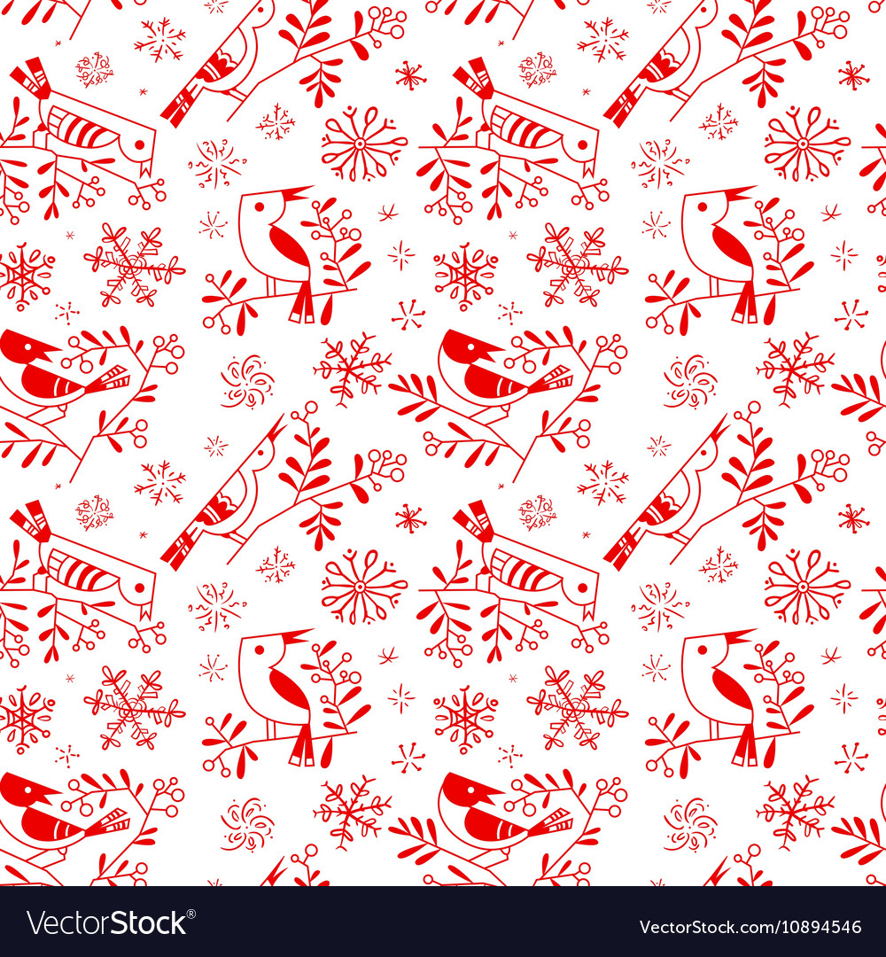 Winter seamless pattern with cute doodle birds