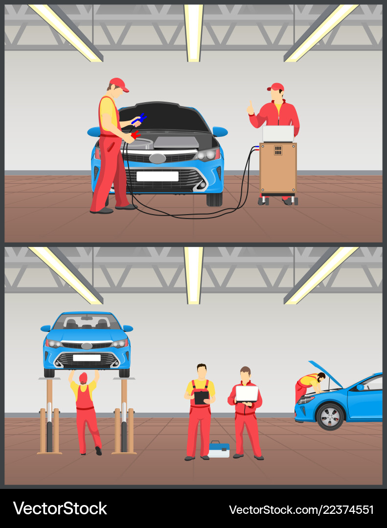 Engine maintenance and car suspension inspection Vector Image