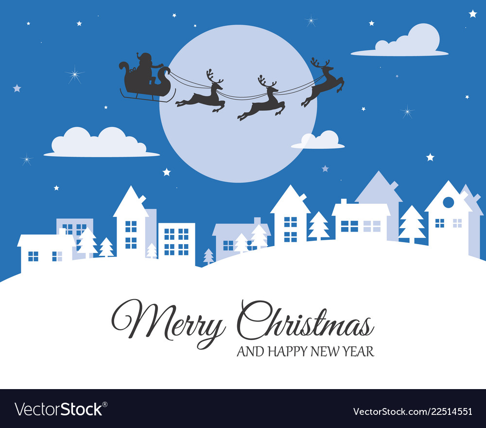 Santa claus reindeer sleigh over city Royalty Free Vector