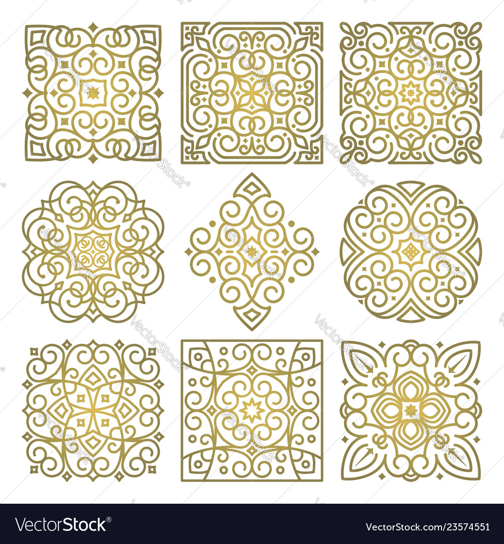Set of square golden patterns of oriental ornament vector image Set of square golden patterns of oriental ornament