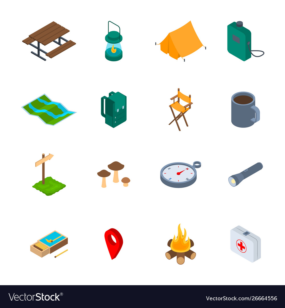 Camping hiking sign 3d icon set isometric view