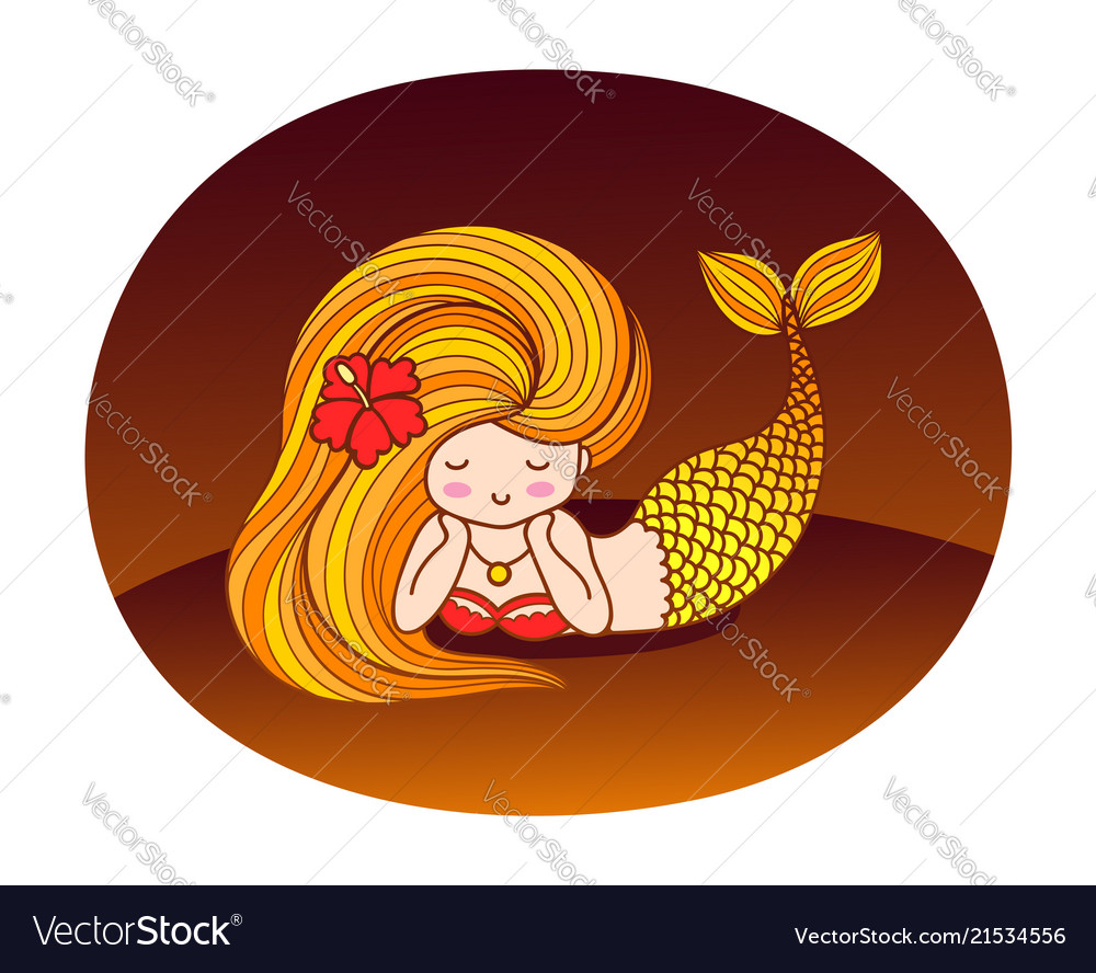 Dreamy lying cartoon mermaid with wavy golden hair