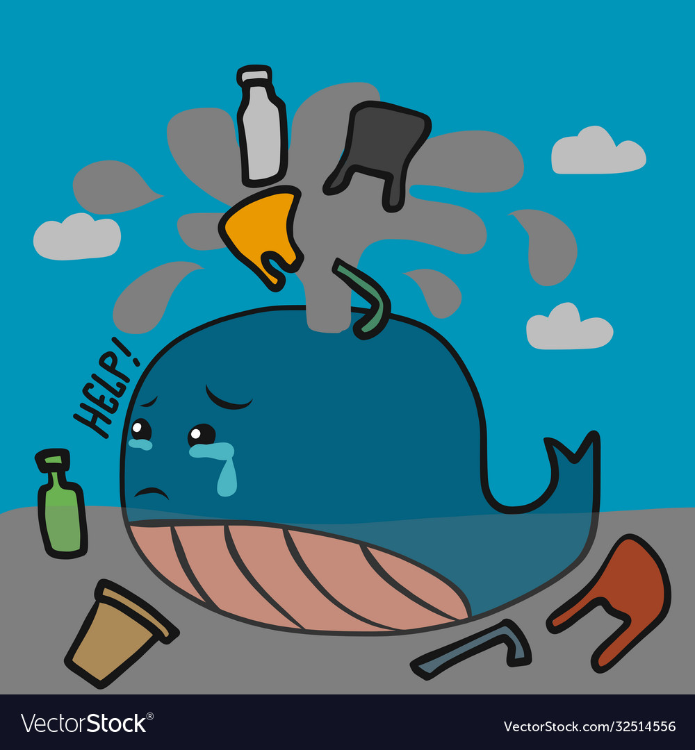 Whale crying plastic garbage cartoon