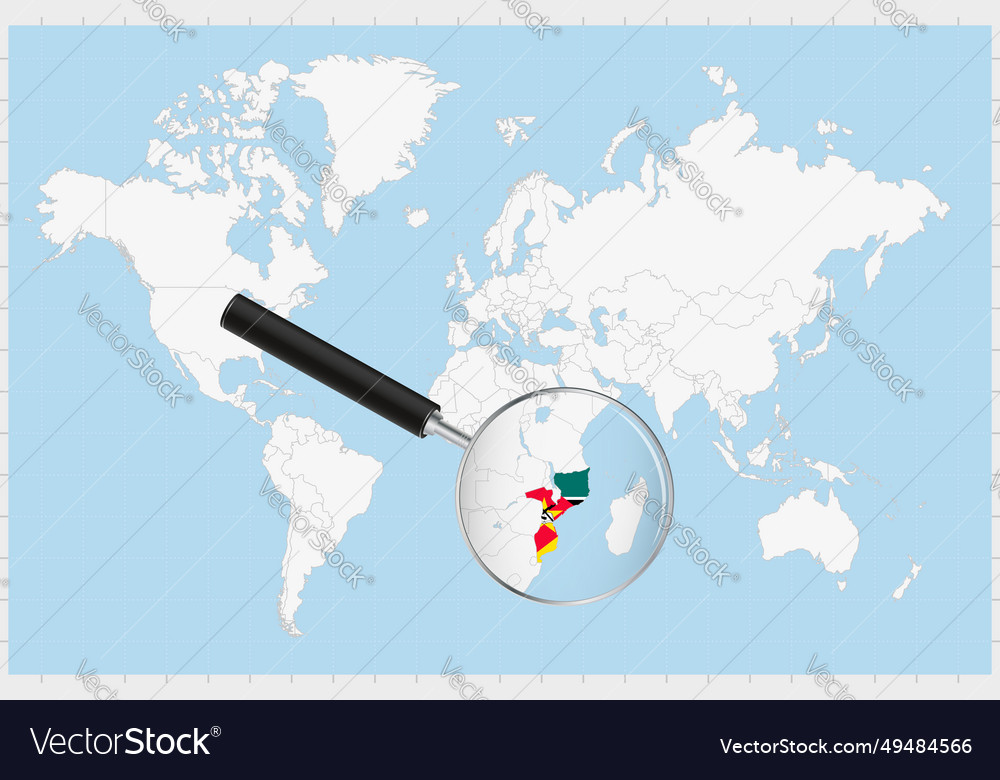 Magnifying glass showing a map of mozambique