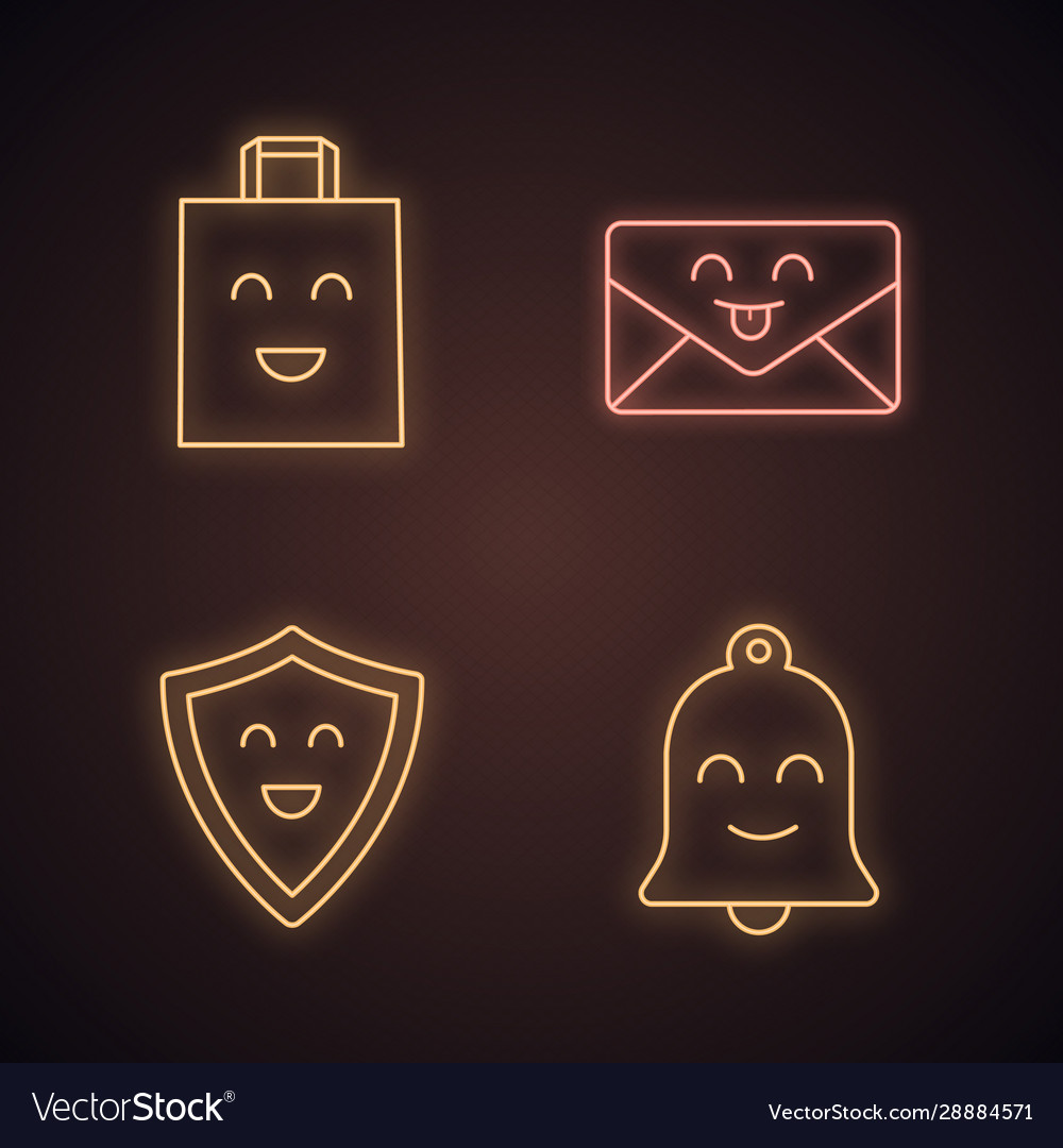 Smiling items neon light icons set