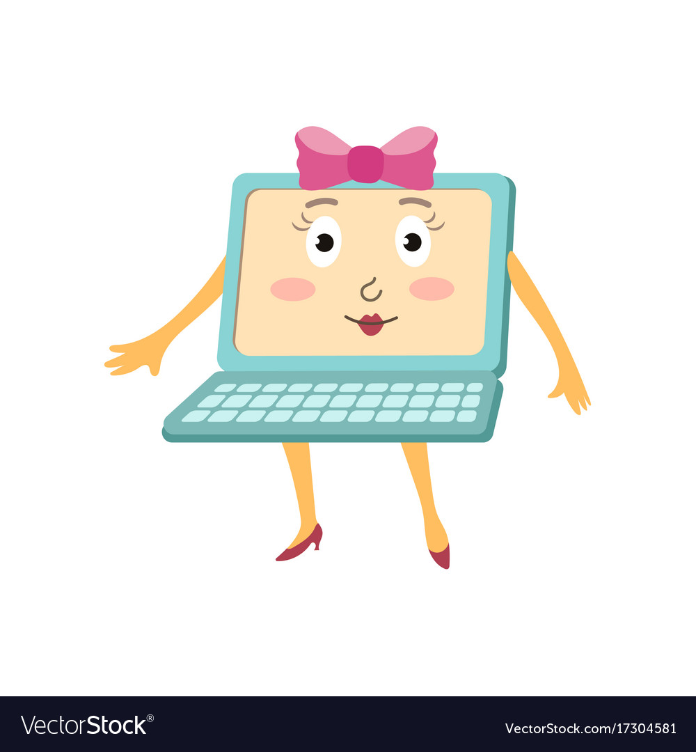 Flat funny laptop female character with bow