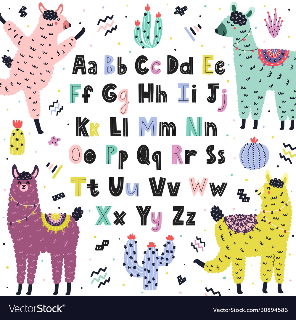 English alphabet with cute llamas educational