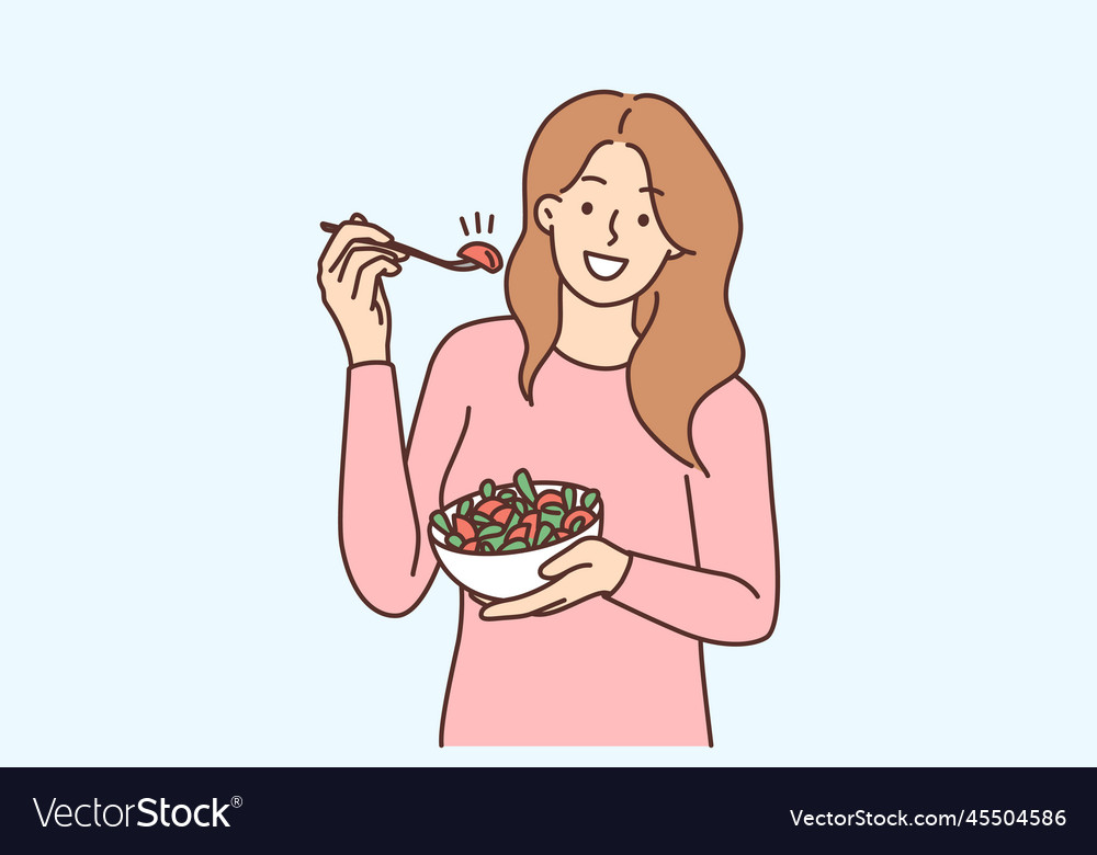 Smiling woman eating salad Royalty Free Vector Image