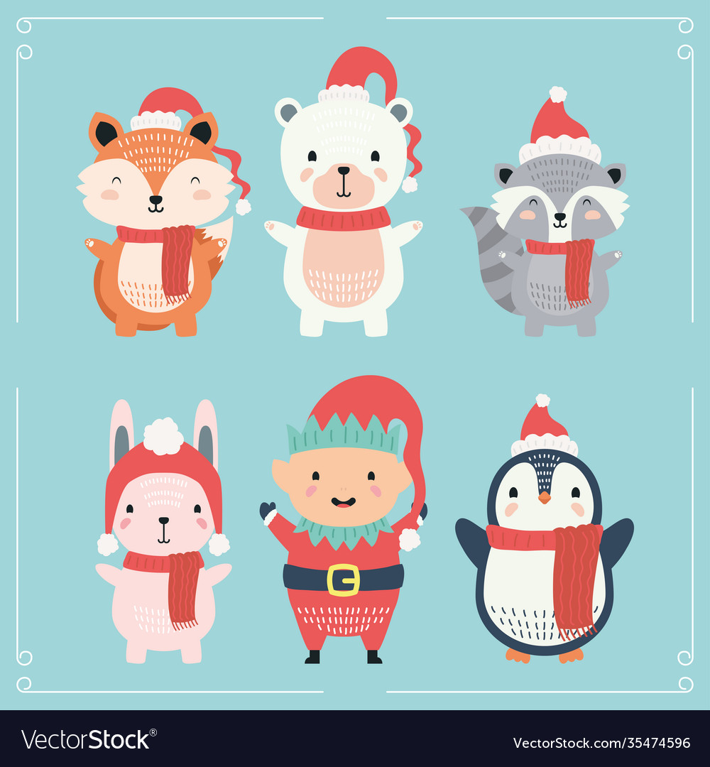 Cute animal wearing christmas clothes characters