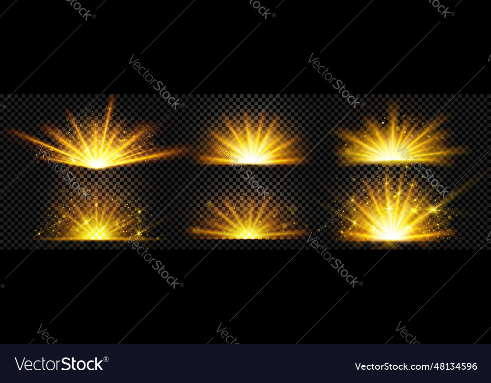 Realistic set of golden light shine on transparent