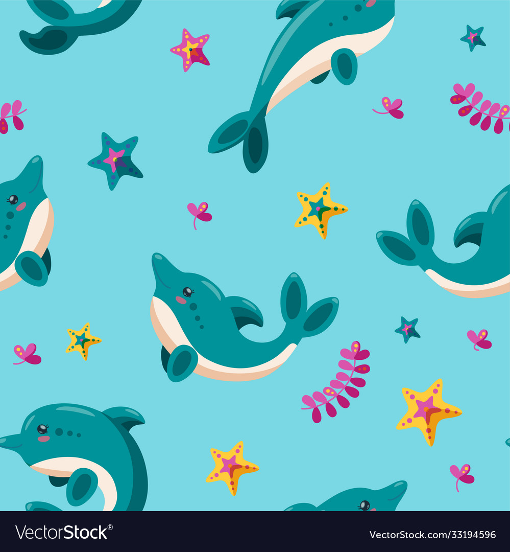 Seamless pattern with dolphins starfish Royalty Free Vector