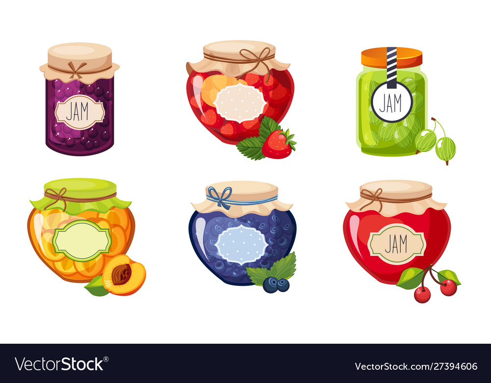 Fruit and berries jam jar glasses set strawberry