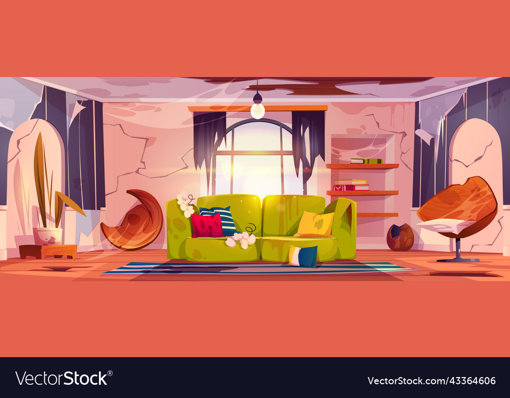 Old dirty living room with broken furniture Vector Image