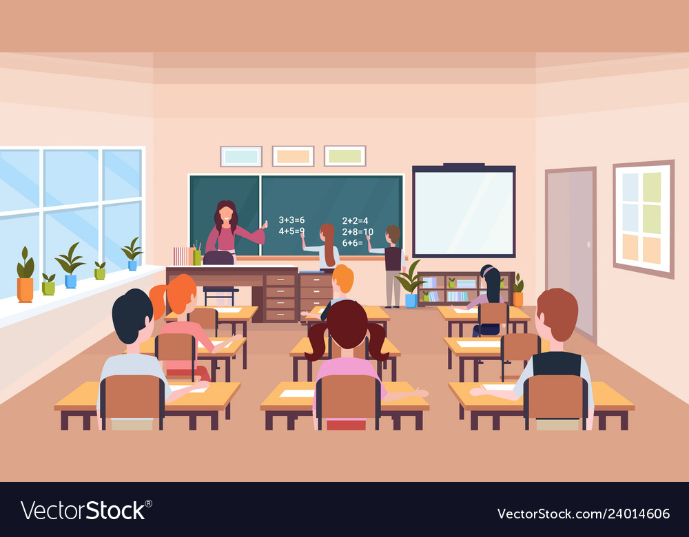 Pupils solving math problem on chalkboard during Vector Image