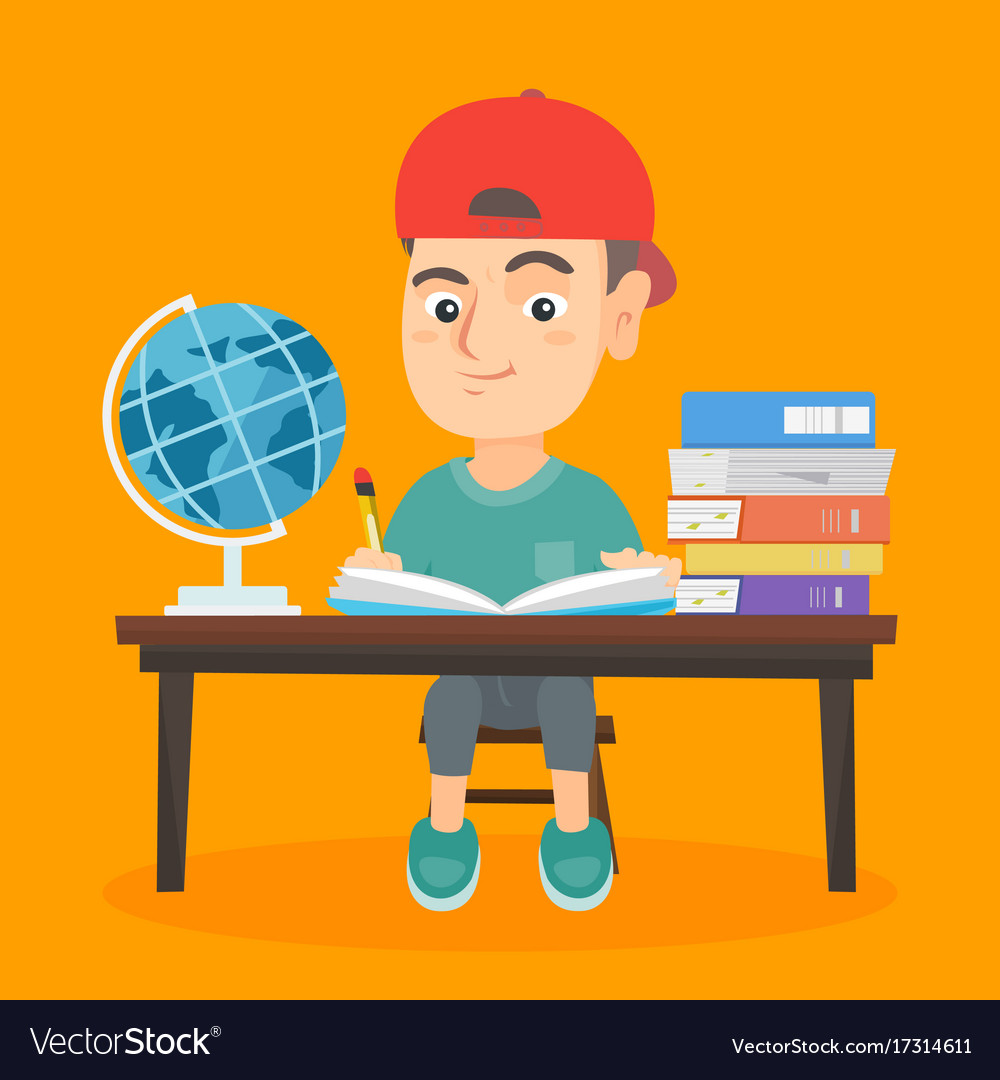 Boy sitting at the desk and writing in notebook Vector Image